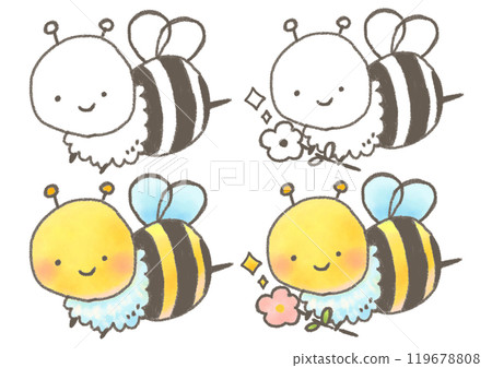 可愛的蜜蜂人物與花線畫飛翔 可愛的蜜蜂人物與花線畫飛翔 119678808