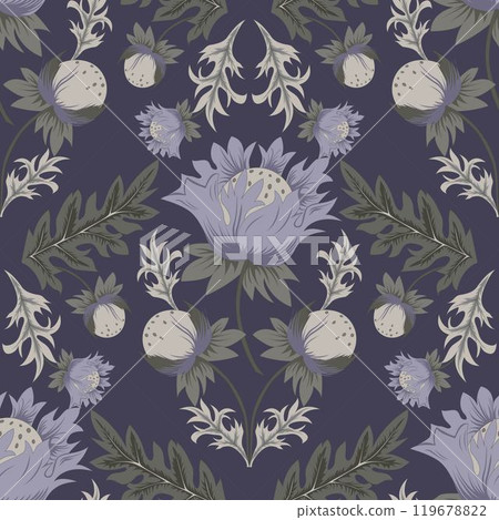 Seamless floral vector pattern with flowers buds and leaves. Illustration of a floral composition in William Morris style for greeting cards and textile. Seamless floral vector pattern with flowers buds and leaves. Illustration of a floral composition in William Morris style for greeting cards and textile. 119678822