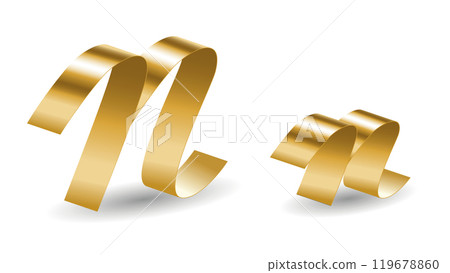 English Golden Ribbon N Letters in Script Lettering Font with Shadows. Vector Alphabet Signs Isolated on White Background 119678860