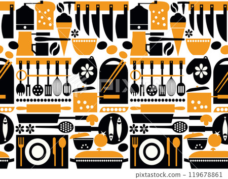 Kitchen Tools Seamless Pattern. Vector Cook Utensil Signs on White Background Kitchen Tools Seamless Pattern. Vector Cook Utensil Signs on White Background 119678861