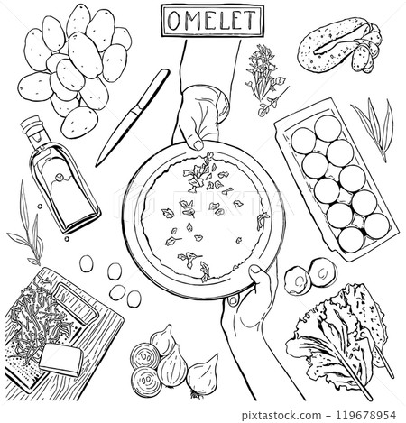 Hand drawn cooking elements for omelet recipe. Food ingredients, tableware and accessories, eggs, cheese, olive oil, potatoes, sausage . Top view vector illustration set 119678954