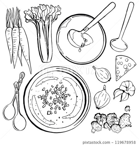 Hand drawn cream broccoli soup and ingredients for food recipe. Carrots, onion, garlic, cheese, spoon. Outline vector sketch illustration. 119678958