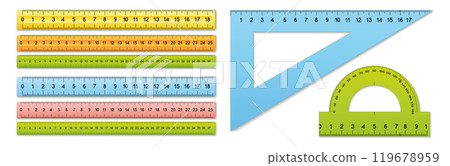 Multicolored school ruler set isolated on white background with protractor, colored rulers, triangular with scale. Vector illustration. 119678959