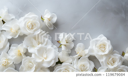 Background with white rose petals and flowers on a concrete background. Love, Valentine's Day, International Women's Day 119679084