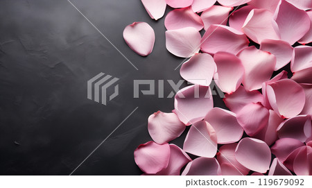 Beautiful background with pink rose petals on a gray concrete background. Romance, Love, Valentine's Day, International Women's Day. 119679092