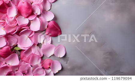 Beautiful background with pink rose petals on a gray concrete background. Romance, Love, Valentine's Day, International Women's Day. 119679094