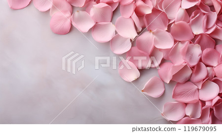 Beautiful background with pink rose petals on a gray concrete background. Romance, Love, Valentine's Day, International Women's Day. 119679095