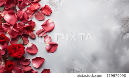 Red rose petals on a gray concrete background. Valentine's Day, International Women's Day. 119679098