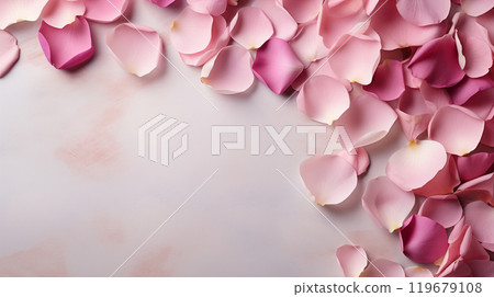 Beautiful background with pink rose petals on a gray concrete background. Romance, Love, Valentine's Day, International Women's Day. 119679108