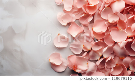 Background with peach-colored rose petals and flowers on a light background. Valentine's Day, International Women's Day. Background with peach-colored rose petals and flowers on a light background. Valentine's Day, International Women's Day. 119679110