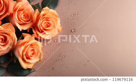 Beautiful roses with peach color and water drops on a concrete background. Valentine's Day, International Women's Day. 119679116