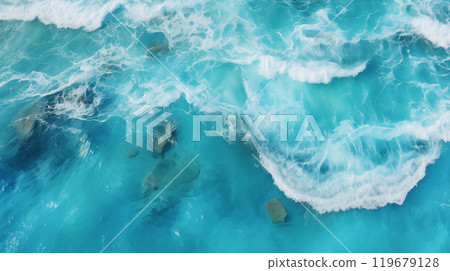 Top view of turquoise sea surface with ripples and waves 119679128
