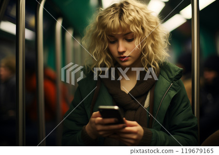 woman in a subway car looking at her phone 119679165