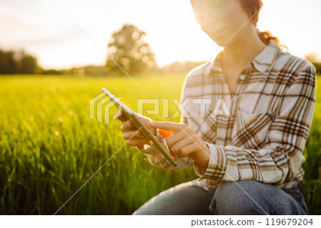 Experienced woman farmer with digital tablet in hands on green wheat field. Concept of gardening. 119679204