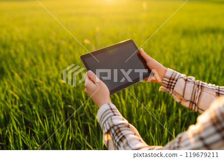 Experienced woman farmer with digital tablet in hands on green wheat field. Concept of gardening. Experienced woman farmer with digital tablet in hands on green wheat field. Concept of gardening. 119679211