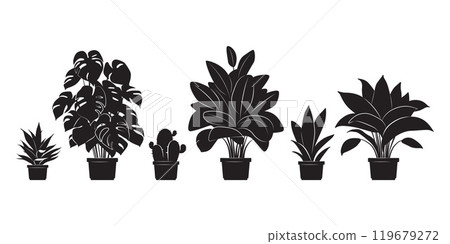 Collection silhouettes of houseplants in black color. Potted plants isolated on white. set green tropical plants. trendy home decor with indoor plants, planters, tropical leaves. 119679272