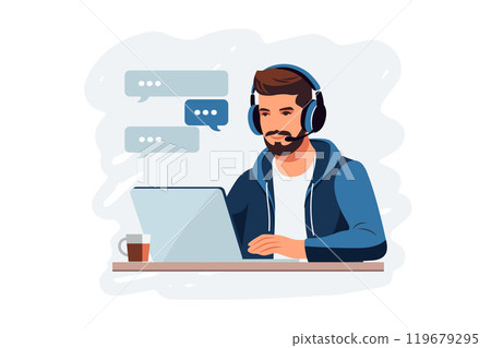 Customer service concept. Man with headphones and microphone with laptop. Support, assistance, call center. Vector illustration. Flat style 119679295