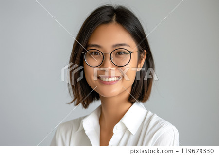 Portrait of a young smiling Asian woman in glasses on a yellow background 119679330