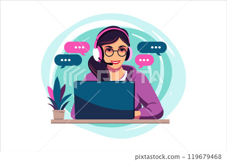 Customer service concept. Woman with headphones and microphone with laptop. Support, assistance, call center. Vector illustration. Flat style Customer service concept. Woman with headphones and microphone with laptop. Support, assistance, call center. Vector illustration. Flat style 119679468