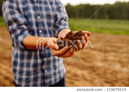Close-up of a farmer's strong hands on a black field. Concept of gardening, ecology. Close-up of a farmer's strong hands on a black field. Concept of gardening, ecology. 119679524