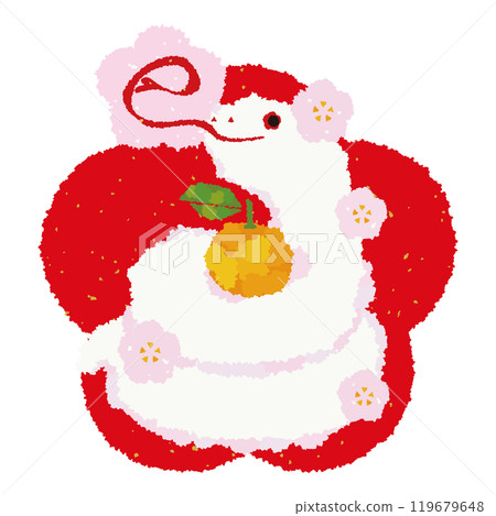 A cute white snake Kagami mochi with the character for snake _ Chigiri-e style _ Pink and red plum blossom background A cute white snake Kagami mochi with the character for snake _ Chigiri-e style _ Pink and red plum blossom background 119679648