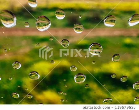 Extremely close up macro drops of water on a wet glass on natural green background. Raindrops pattern on smooth surface. Rainy day. Abstract wallpaper 119679653