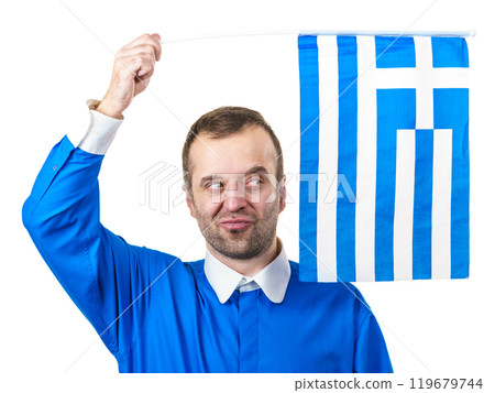 Happy man holding Greek flag Happy man holding Greek flag 119679744
