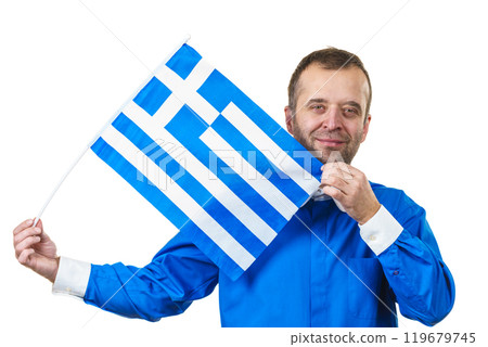 Happy man holding Greek flag Happy man holding Greek flag 119679745