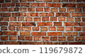 Panorama of red old brick wall. Detailed texture of aged masonry with broken bricks and peeling plaster. Urban, grunge, industrial, abstract backdrop. Pattern of loft interior or exterior background 119679872