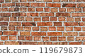 Panorama of red old brick wall. Detailed texture of aged masonry with broken bricks and peeling plaster. Urban, grunge, industrial, abstract backdrop. Pattern of loft interior or exterior background 119679873