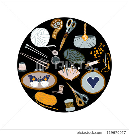 Needlework round compose black background vector 119679957