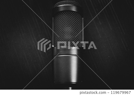 Close-Up of Professional Microphone on Dark Background Close-Up of Professional Microphone on Dark Background 119679967