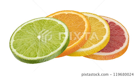 Citrus mix, orange, grapefruit, lime and lemon slices isolated on white background, package design element 119680024