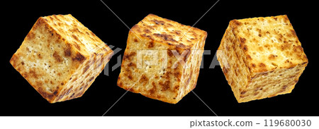 Fried tofu cubes isolated on black background, package design element Fried tofu cubes isolated on black background, package design element 119680030