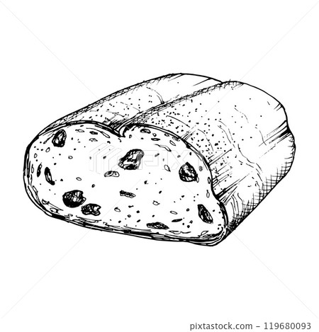 Vector illustration of sliced raisin bread with detailed texture. Ideal for bakery design, recipe book, food packaging or breakfast themed projects. Traditional Christmas stollen cake, new year cake 119680093