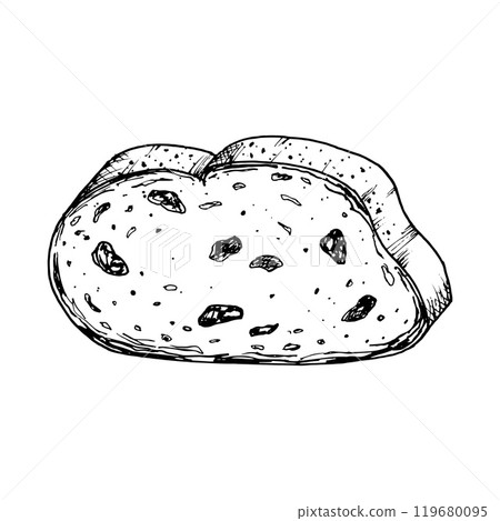 Vector illustration of sliced raisin bread with detailed texture. Ideal for bakery design, recipe book, food packaging or breakfast themed projects. Traditional Christmas stollen cake, new year cake 119680095