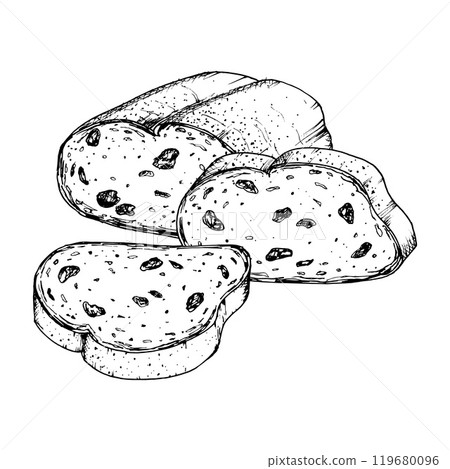 Vector illustration of sliced raisin bread with detailed texture. Ideal for bakery design, recipe book, food packaging or breakfast themed projects. Traditional Christmas stollen cake, new year cake 119680096