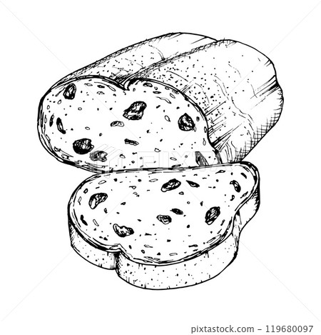 Vector illustration of sliced raisin bread with detailed texture. Ideal for bakery design, recipe book, food packaging or breakfast themed projects. Traditional Christmas stollen cake, new year cake 119680097