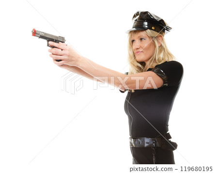 Policewoman cop with gun 119680195