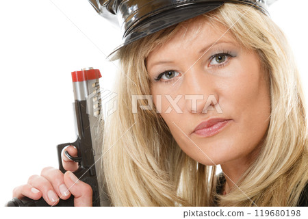 Policewoman cop with gun 119680198