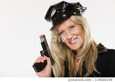 Policewoman cop with gun 119680199