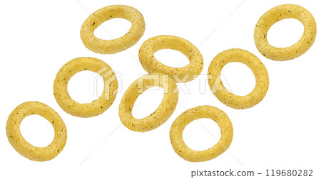 Crispy onion rings isolated on white background with clipping path, package design element Crispy onion rings isolated on white background with clipping path, package design element 119680282