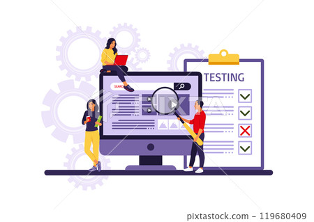 People testing software fixing bugs in hardware device. Application test and IT service concept. Vector illustration. Flat 119680409