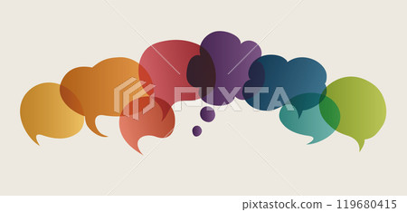 Colored Speech Bubble. Communication and dialogue. Social network. Colored cloud. Speak - discussion - chat. Talking and communicate Symbol. Equality inclusion diversity. Diverse cultures 119680415
