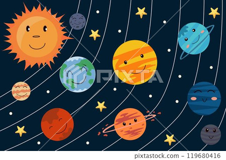 Poster with cute planets of solar system. Colored cute funny characters sun and planets. Fantasy planets poster for children's textiles, wrapping paper, fabric Poster with cute planets of solar system. Colored cute funny characters sun and planets. Fantasy planets poster for children's textiles, wrapping paper, fabric 119680416