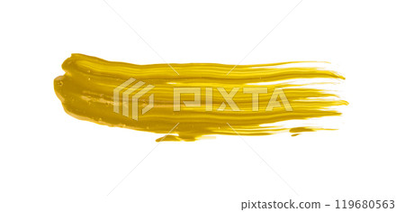 A vibrant yellow paint stroke spreads across a white background 119680563