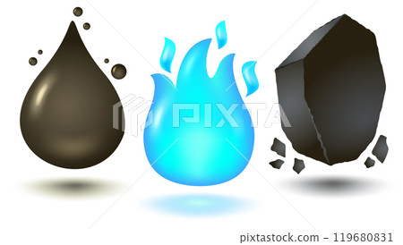 Vector illustration of oil drop, black coal and fire of gas in 3D style. Vector icon of oil drop, coal and blue fire in realistic style. Gas, coal and oil. 119680831