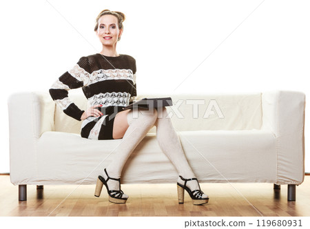 Fashion trendy woman with tablet at home Fashion trendy woman with tablet at home 119680931
