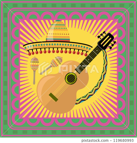 Vector Mexican festival Cinco de mayo. Banner for party. Traditional holiday. Sombrero, guitar and maracas 119680993