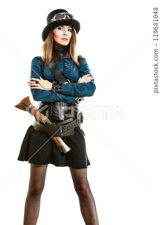 steampunk woman with gun studio shot. steampunk woman with gun studio shot. 119681048